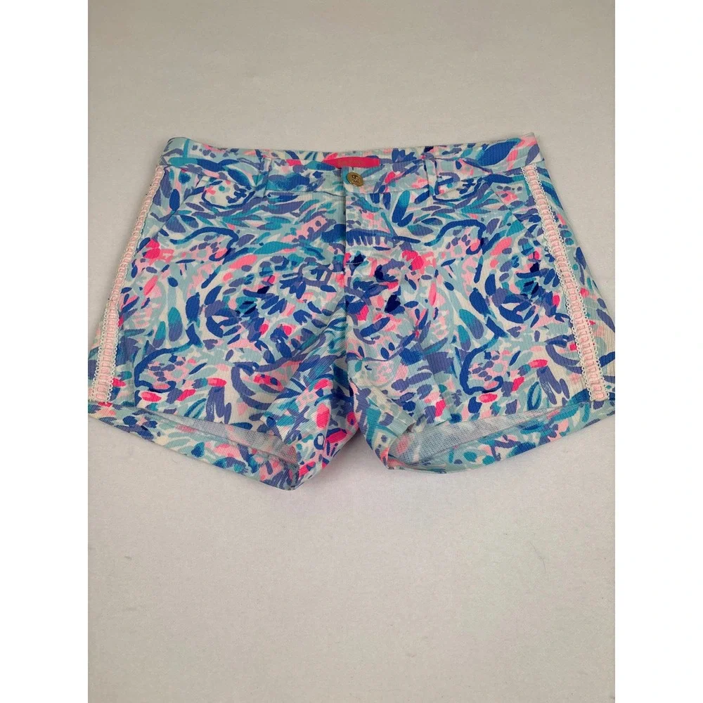 Lilly Pulitzer Callahan Shorts Womens 8 Blue Pink Floral Eyelet Trim Cotton 5in